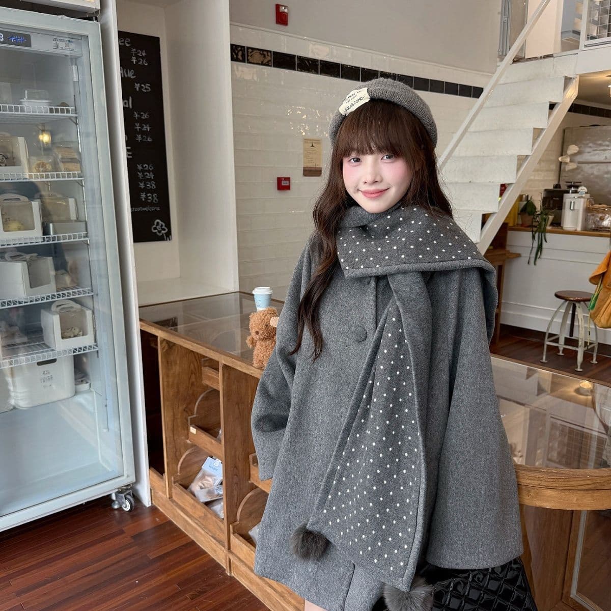 복합 400g 회색 망토 피 모직 여성 코트 다용도 두꺼운 루즈핏 한 부서 나만의 것을 가져와 라. 목도리 코트 상세 이미지 6