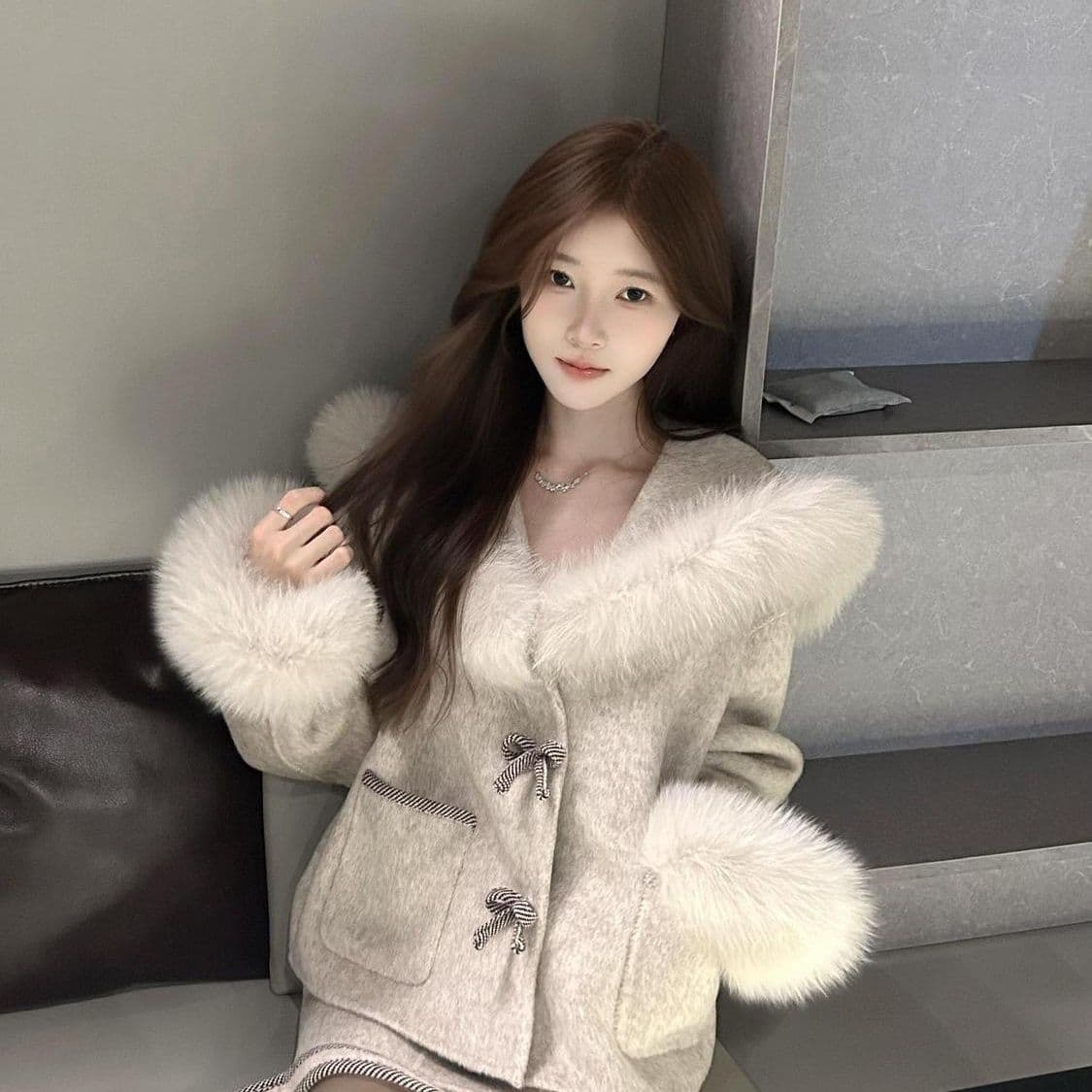 스위스 스노우 마운틴 작은 키 디자인 센스 모피 칼라 외투 모직 외투 반신 치마 세트 겨울 새로운 여성 이미지 5