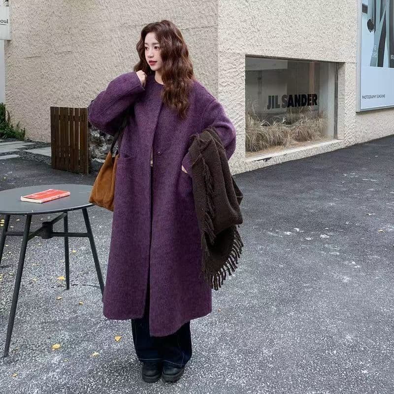 2025 겨울 한 부서 표지 고기 패션 작은 대중 연령 감소 디자인 센스 보라색 양면 고급 센스 롱 코트 외투 이미지 3
