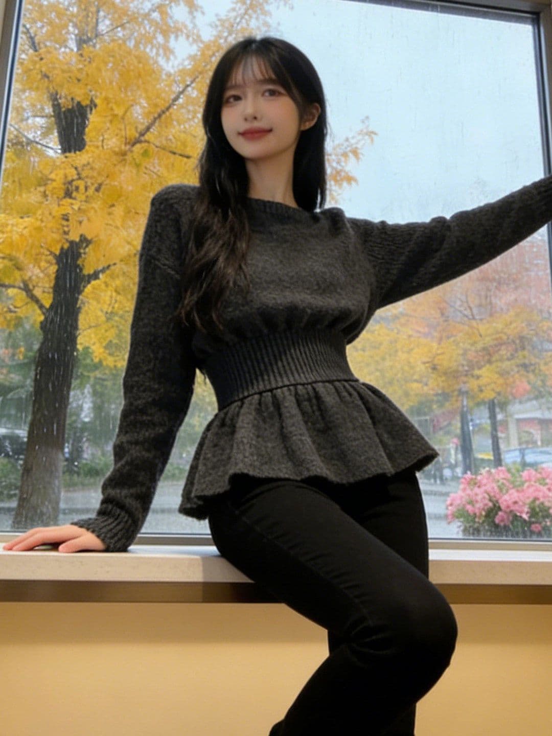 프랑스식 허리 수축 니트 기본 셔츠 여성 봄 빅 사이즈 지방 mm 슬림해 보이는 표지 고기 불규칙 인사이드 가져 가라. 프릴 맨위 이미지 2