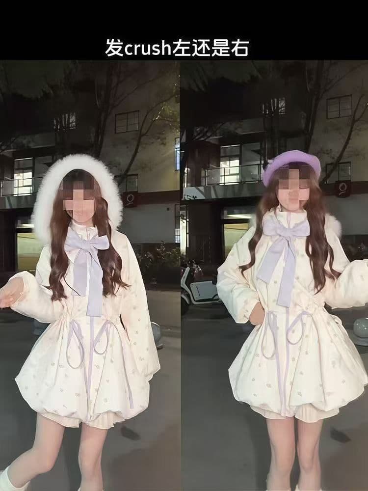 토피 암호 작은 키 후드 달콤함 재킷 일본식 귀여운 중간 길이 겨울 허리 수축 보온 면 의류 상세 이미지 8