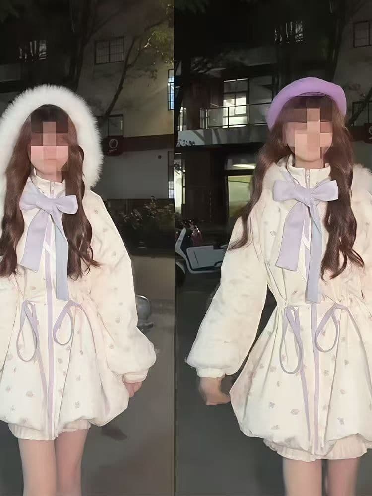 토피 암호 작은 키 후드 달콤함 재킷 일본식 귀여운 중간 길이 겨울 허리 수축 보온 면 의류 상세 이미지 9
