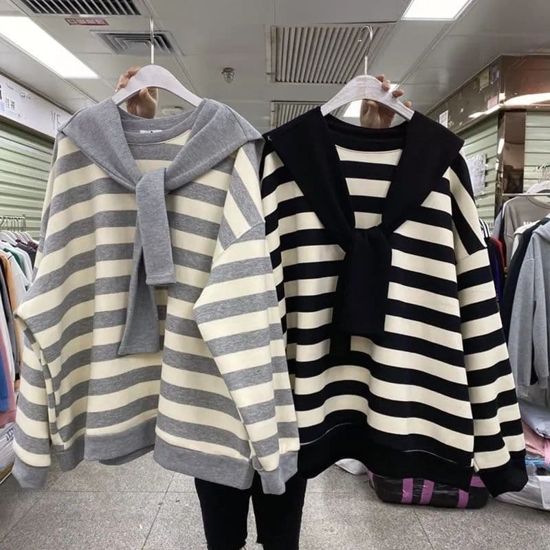 특별 빅 사이즈 300 근 얇은 스타일 라운드 넥 후드티 여성 봄 가을 한국 스타일 지방 mm 루즈핏 연령 감소 숄 와이드 스트라이프 맨위