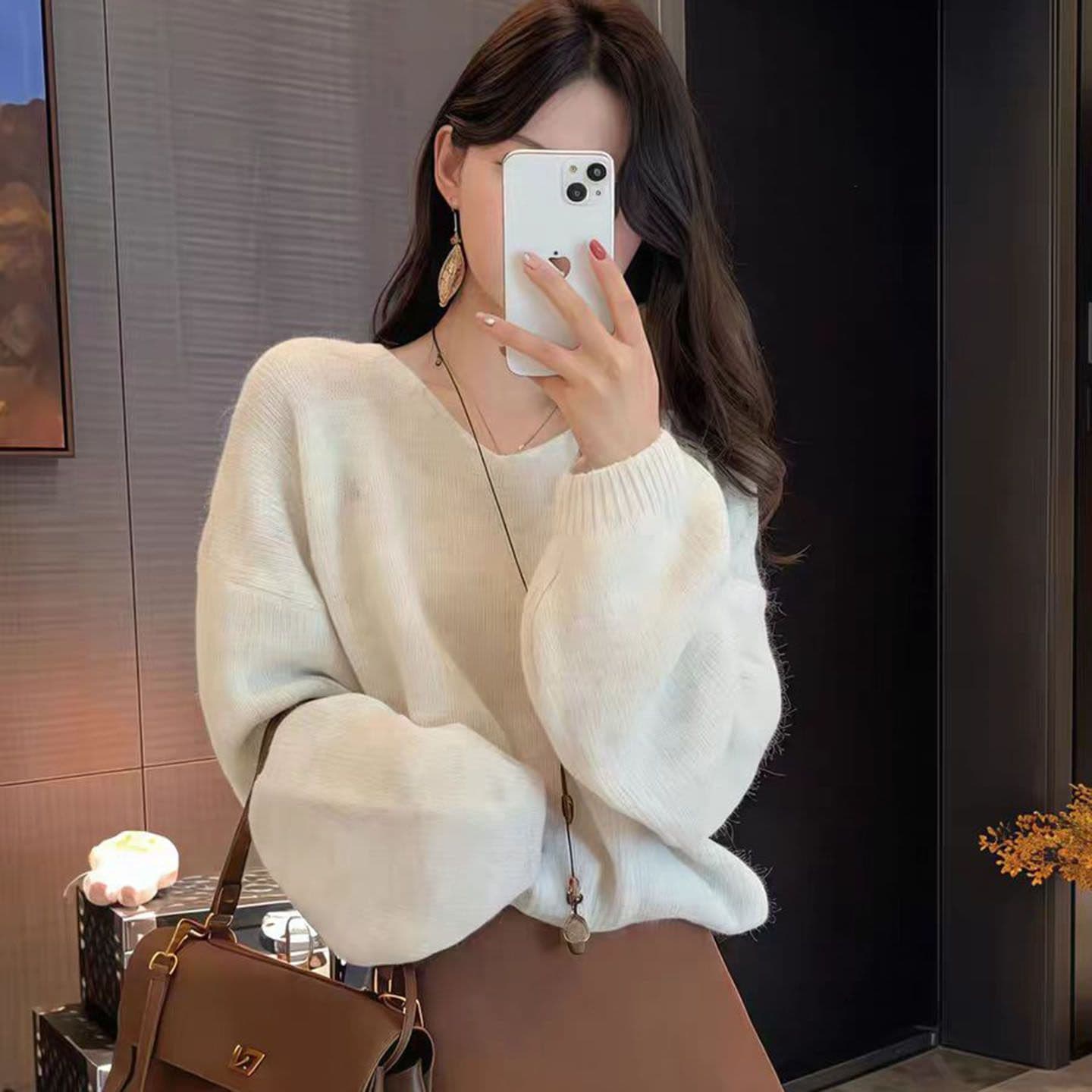 한 부서 느긋한 바람 V넥 긴팔 니트 스웨터 여성 가을 겨울 새로운 고급 센스 부드러운 찹쌀 디스플레이 화이트 보온 인사이드 가져 가라. 스웨터 상세 이미지 7