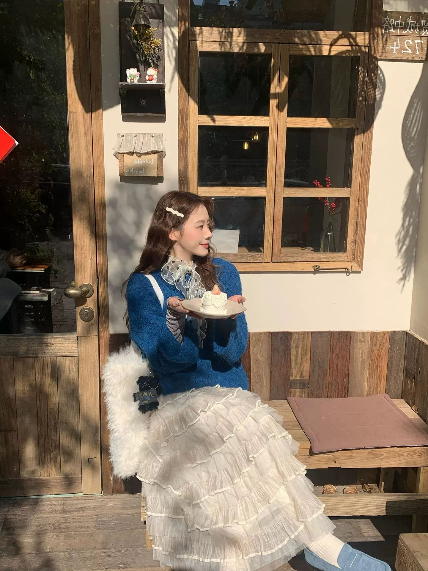 파란색 한 부서 느긋한 바람 후드 풀오버 긴팔 예쁜 스웨터 인사이드 가져 가라. 여성 니트 스웨터 반신 스커트 두 조각 이미지 2