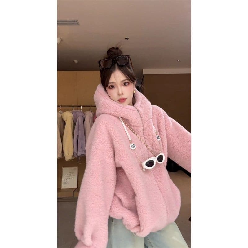 가을 겨울 소녀 두꺼운 쇼트 스타일 후드 스웨이드 원단 양털 모조 가죽 털 하나 환경 보호 모피 재킷 이미지 3