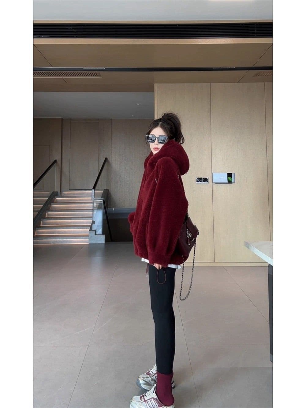 가을 겨울 소녀 두꺼운 쇼트 스타일 후드 스웨이드 원단 양털 모조 가죽 털 하나 환경 보호 모피 재킷 상세 이미지 7