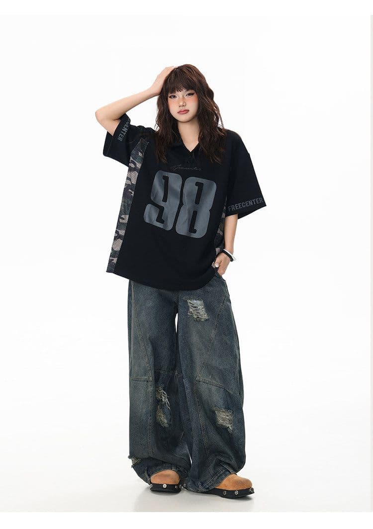 40s 더블 실 원본 솜씨 아메리칸 레트로 패치워크 카모플라주 POLO 셔츠 반팔 남녀 저지 티셔츠 폴로 칼라 여름 상세 이미지 6