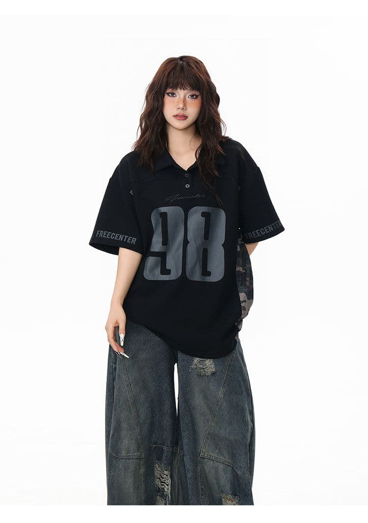 40s 더블 실 원본 솜씨 아메리칸 레트로 패치워크 카모플라주 POLO 셔츠 반팔 남녀 저지 티셔츠 폴로 칼라 여름 상세 이미지 9