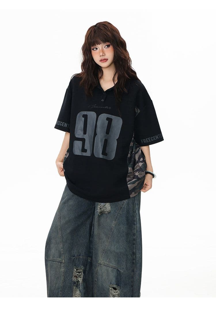 40s 더블 실 원본 솜씨 아메리칸 레트로 패치워크 카모플라주 POLO 셔츠 반팔 남녀 저지 티셔츠 폴로 칼라 여름 상세 이미지 12