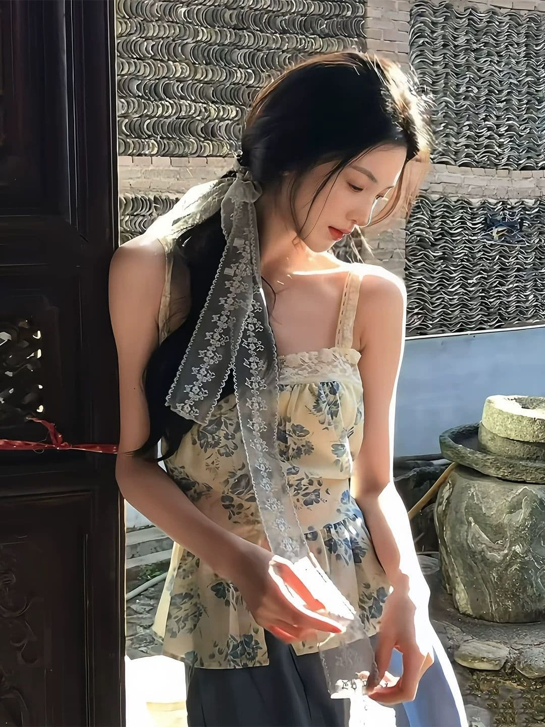 한 부서 꽃무늬 레이스 조각 캐미솔 여름 해변가 휴가 바람 허리 수축 슬림해 보이는 고유 한 아름다운 맨위 상세 이미지 2