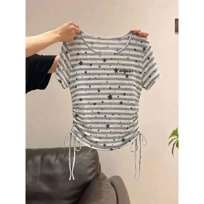 이후 패키지 프린트 알파벳 양면 펌프 로프 반팔 티셔츠 여성 상세 이미지 2