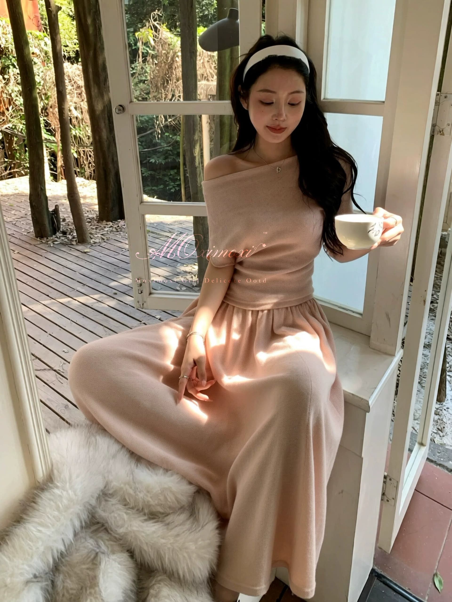 원본 것 있음 네리 한국 눈꽃 면 편안함 허리 수축 비스듬한 어깨 티셔츠 여성 슬림해 보이는 반 스커트 세트 투피스 세트 상세 이미지 2