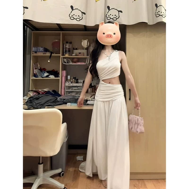 핫걸 작은 대중 빨간색 섹시함 홀로우 아웃 드레스 여성 의류 여름 프랑스식 트임 디자인 센스 품격 롱 스커트 치마