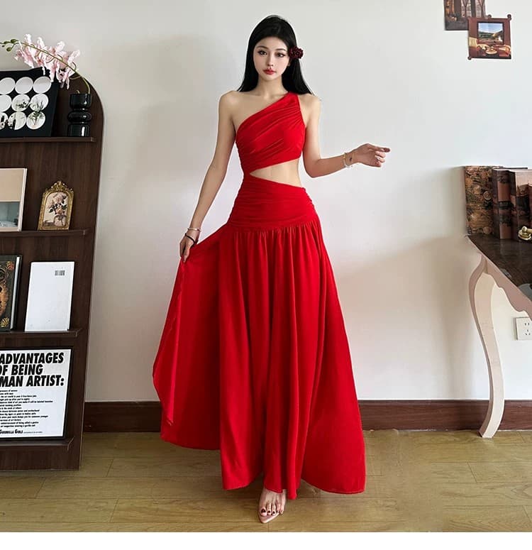 핫걸 작은 대중 빨간색 섹시함 홀로우 아웃 드레스 여성 의류 여름 프랑스식 트임 디자인 센스 품격 롱 스커트 치마 이미지 2