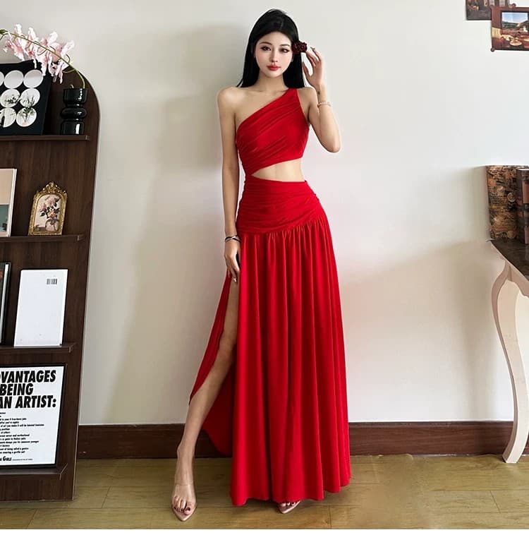 핫걸 작은 대중 빨간색 섹시함 홀로우 아웃 드레스 여성 의류 여름 프랑스식 트임 디자인 센스 품격 롱 스커트 치마 상세 이미지 3
