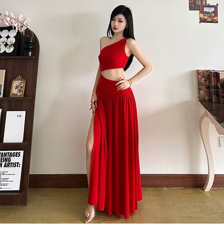 핫걸 작은 대중 빨간색 섹시함 홀로우 아웃 드레스 여성 의류 여름 프랑스식 트임 디자인 센스 품격 롱 스커트 치마 상세 이미지 5