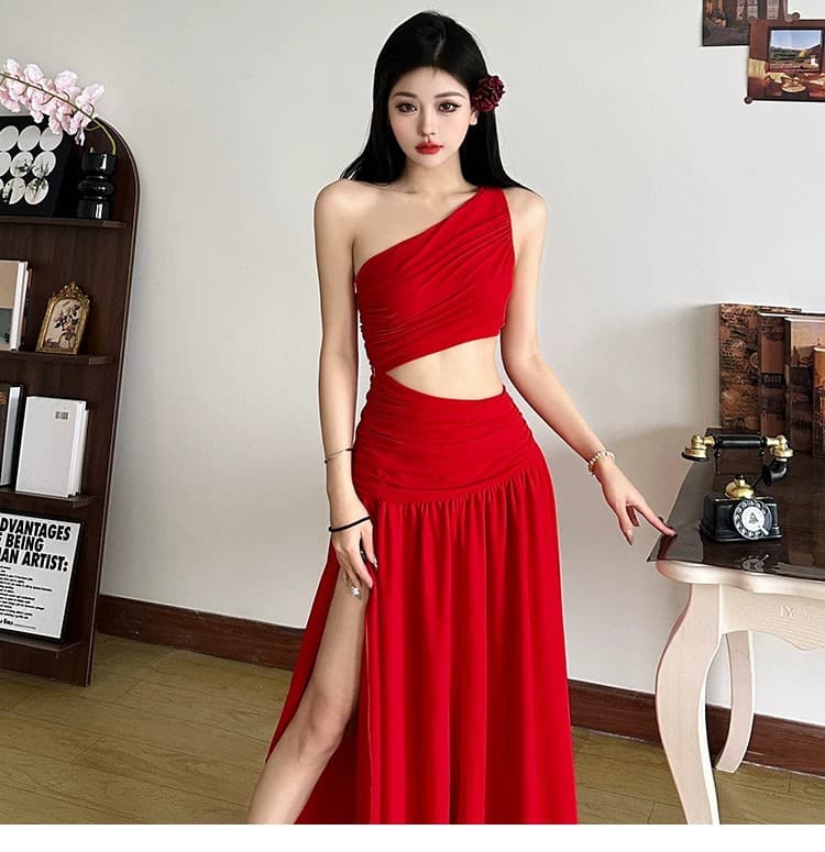 핫걸 작은 대중 빨간색 섹시함 홀로우 아웃 드레스 여성 의류 여름 프랑스식 트임 디자인 센스 품격 롱 스커트 치마 상세 이미지 6