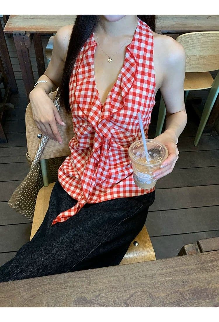 원본 원단 것 캐미솔 여름 새로운 아름다움 뒤로 빨간색 체크무늬 핫걸 민소매 행침 목 맨위 여성 이미지 2