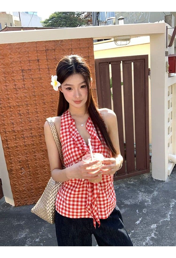 원본 원단 것 캐미솔 여름 새로운 아름다움 뒤로 빨간색 체크무늬 핫걸 민소매 행침 목 맨위 여성 상세 이미지 3