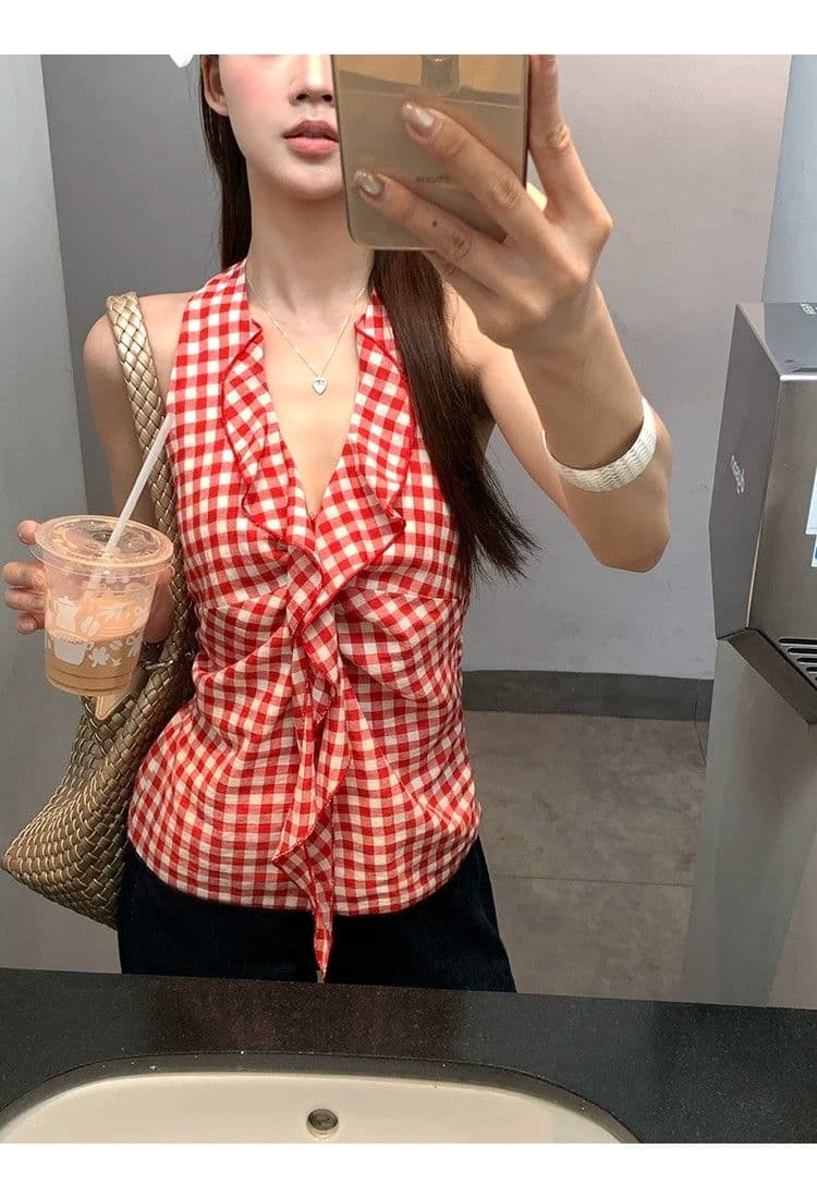 원본 원단 것 캐미솔 여름 새로운 아름다움 뒤로 빨간색 체크무늬 핫걸 민소매 행침 목 맨위 여성 상세 이미지 5