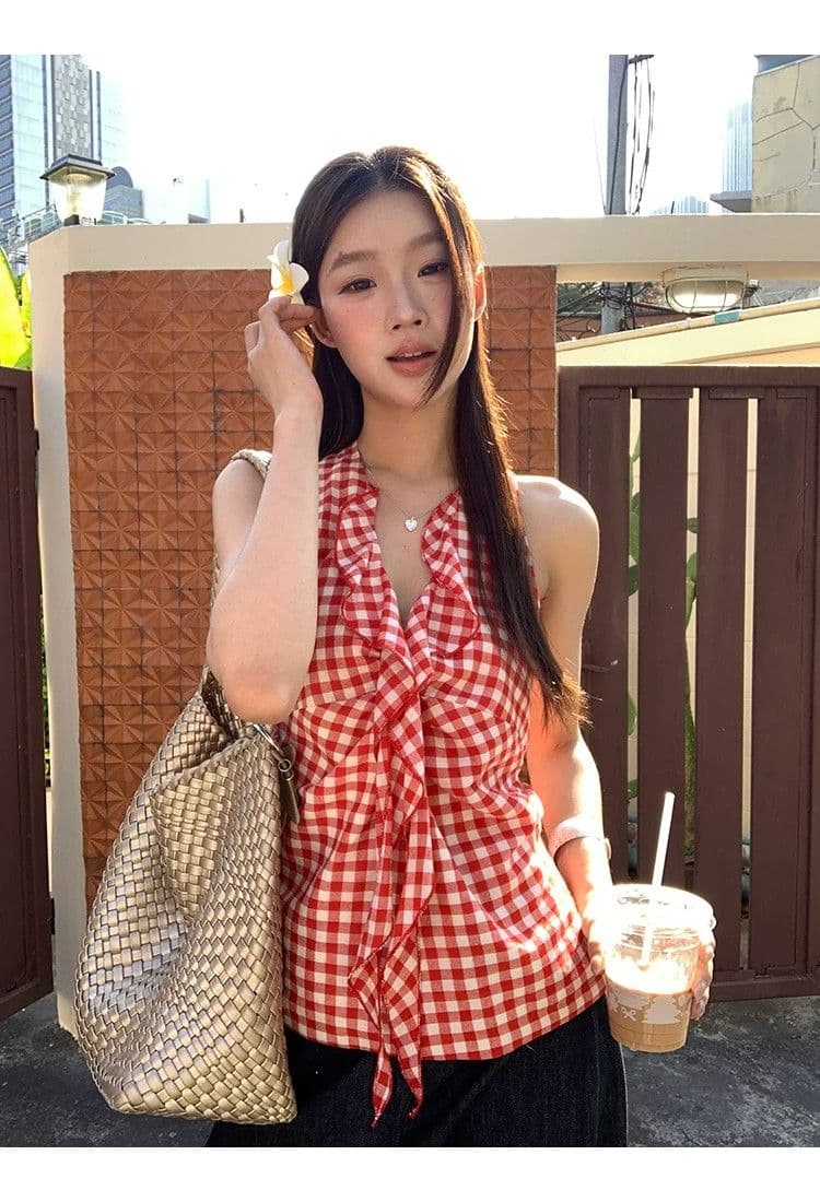 원본 원단 것 캐미솔 여름 새로운 아름다움 뒤로 빨간색 체크무늬 핫걸 민소매 행침 목 맨위 여성 상세 이미지 10