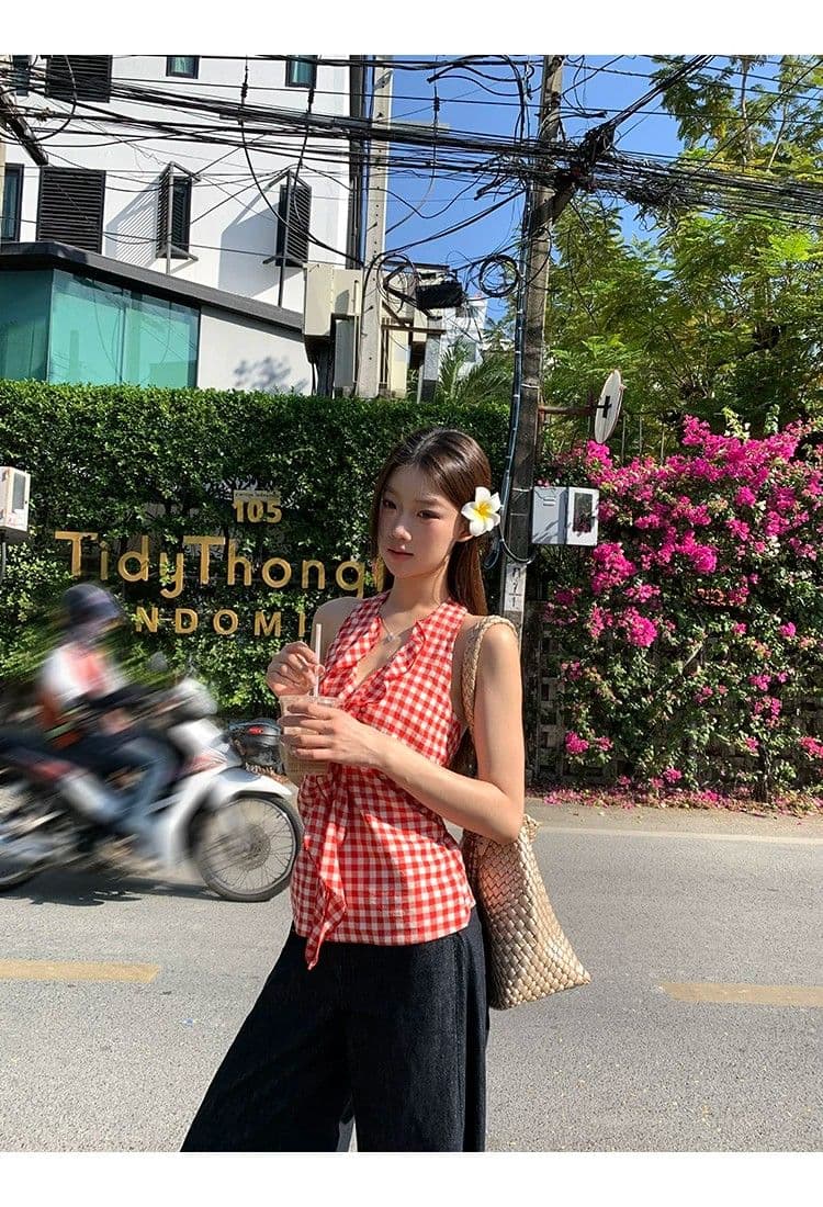 원본 원단 것 캐미솔 여름 새로운 아름다움 뒤로 빨간색 체크무늬 핫걸 민소매 행침 목 맨위 여성 상세 이미지 11