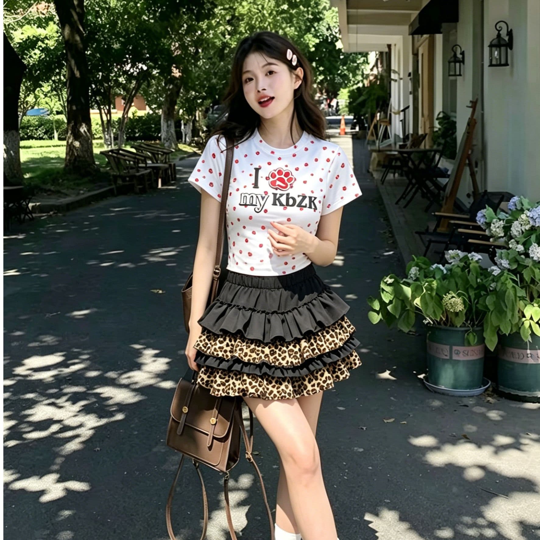순수한 욕망 핫걸 세트 고양이 발톱 프린트 티셔츠 여성 여름 레오파드 무늬 패치워크 프릴 케이크 퍼프 스커트 투피스 세트 이미지 4
