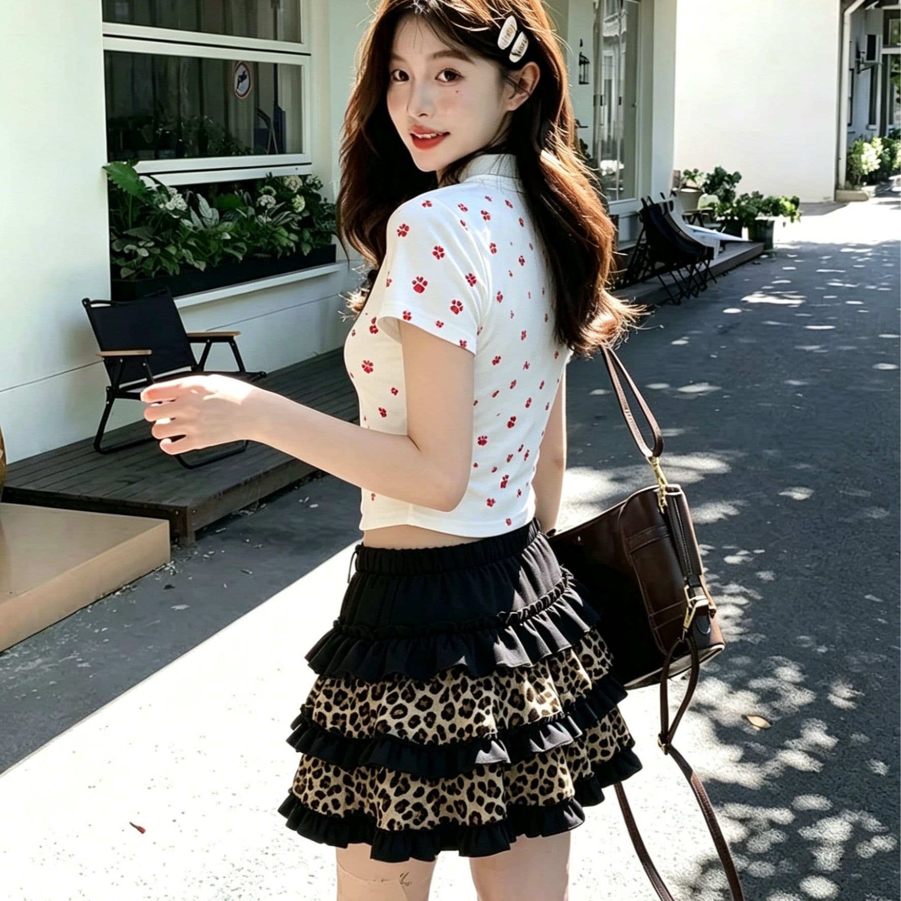 순수한 욕망 핫걸 세트 고양이 발톱 프린트 티셔츠 여성 여름 레오파드 무늬 패치워크 프릴 케이크 퍼프 스커트 투피스 세트 이미지 2