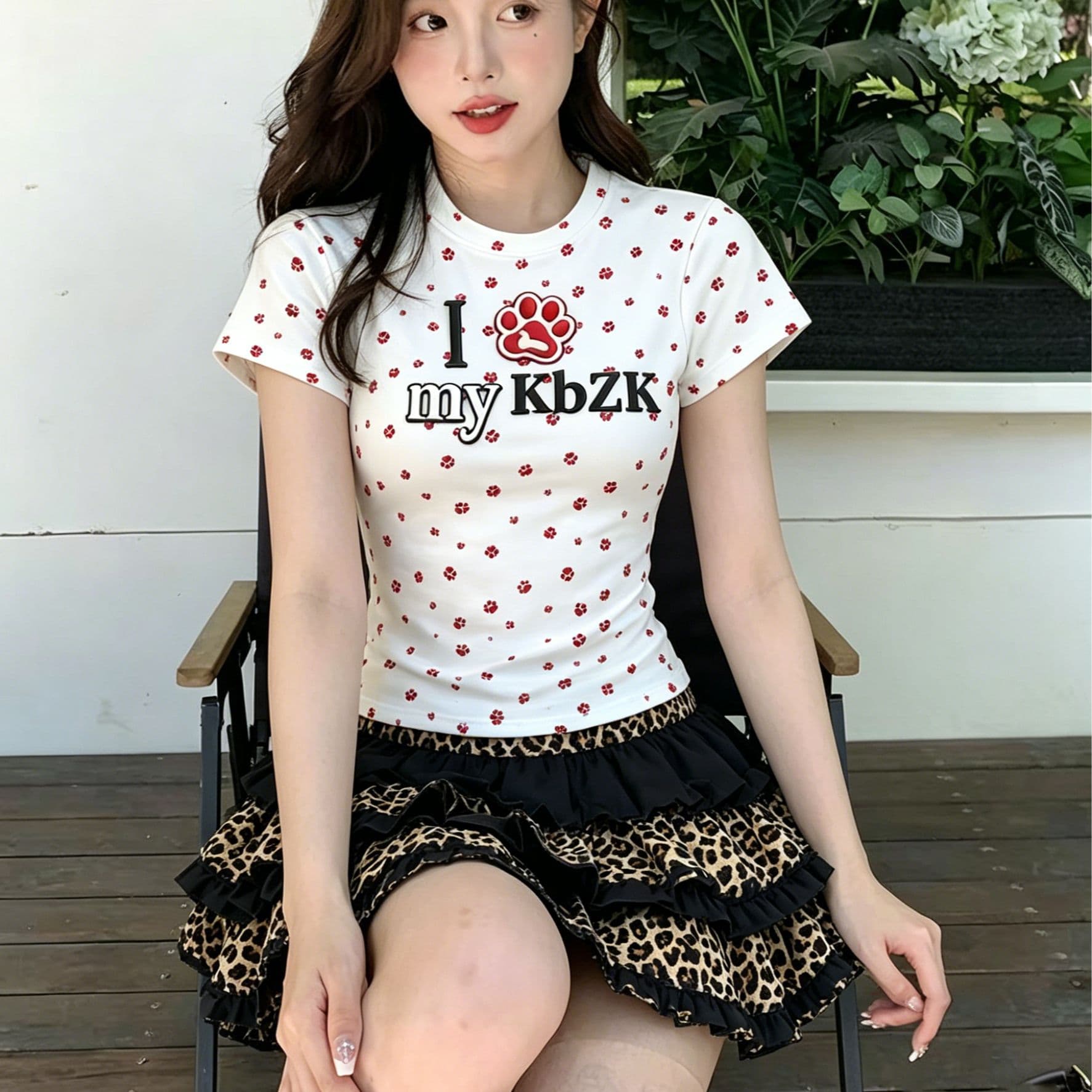 순수한 욕망 핫걸 세트 고양이 발톱 프린트 티셔츠 여성 여름 레오파드 무늬 패치워크 프릴 케이크 퍼프 스커트 투피스 세트