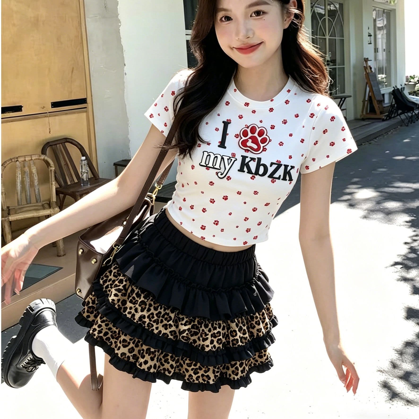 순수한 욕망 핫걸 세트 고양이 발톱 프린트 티셔츠 여성 여름 레오파드 무늬 패치워크 프릴 케이크 퍼프 스커트 투피스 세트 이미지 3