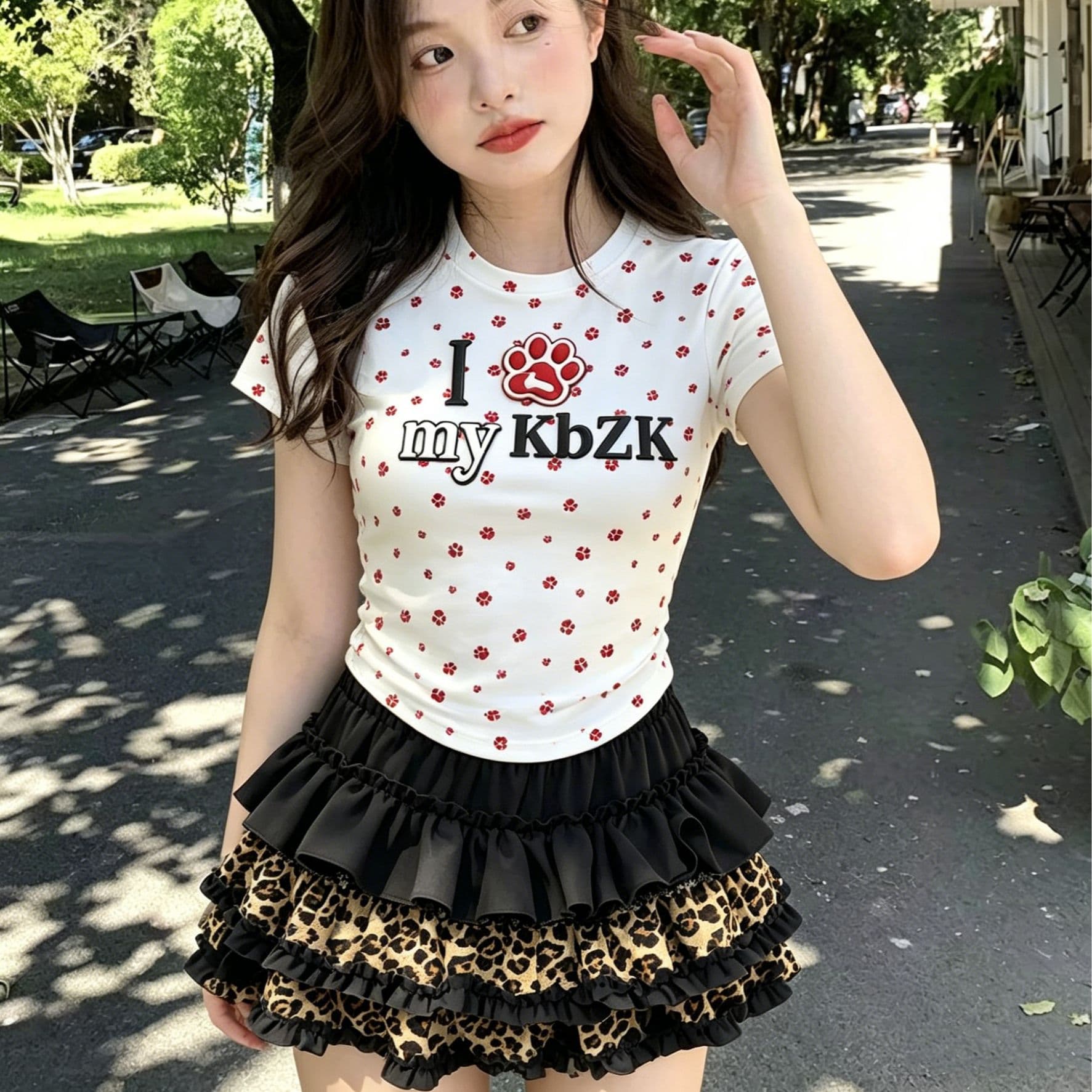 순수한 욕망 핫걸 세트 고양이 발톱 프린트 티셔츠 여성 여름 레오파드 무늬 패치워크 프릴 케이크 퍼프 스커트 투피스 세트 이미지 5