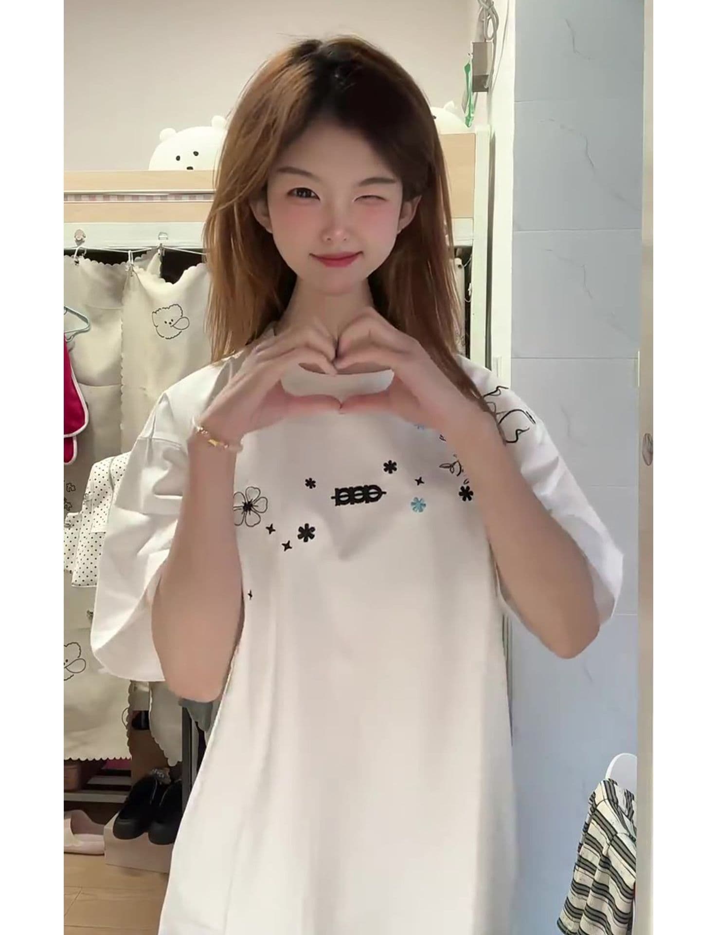 자수 네리 가게 천 순면 220 그램 빗질하다 닫기 반팔 티셔츠 여성 이미지 3