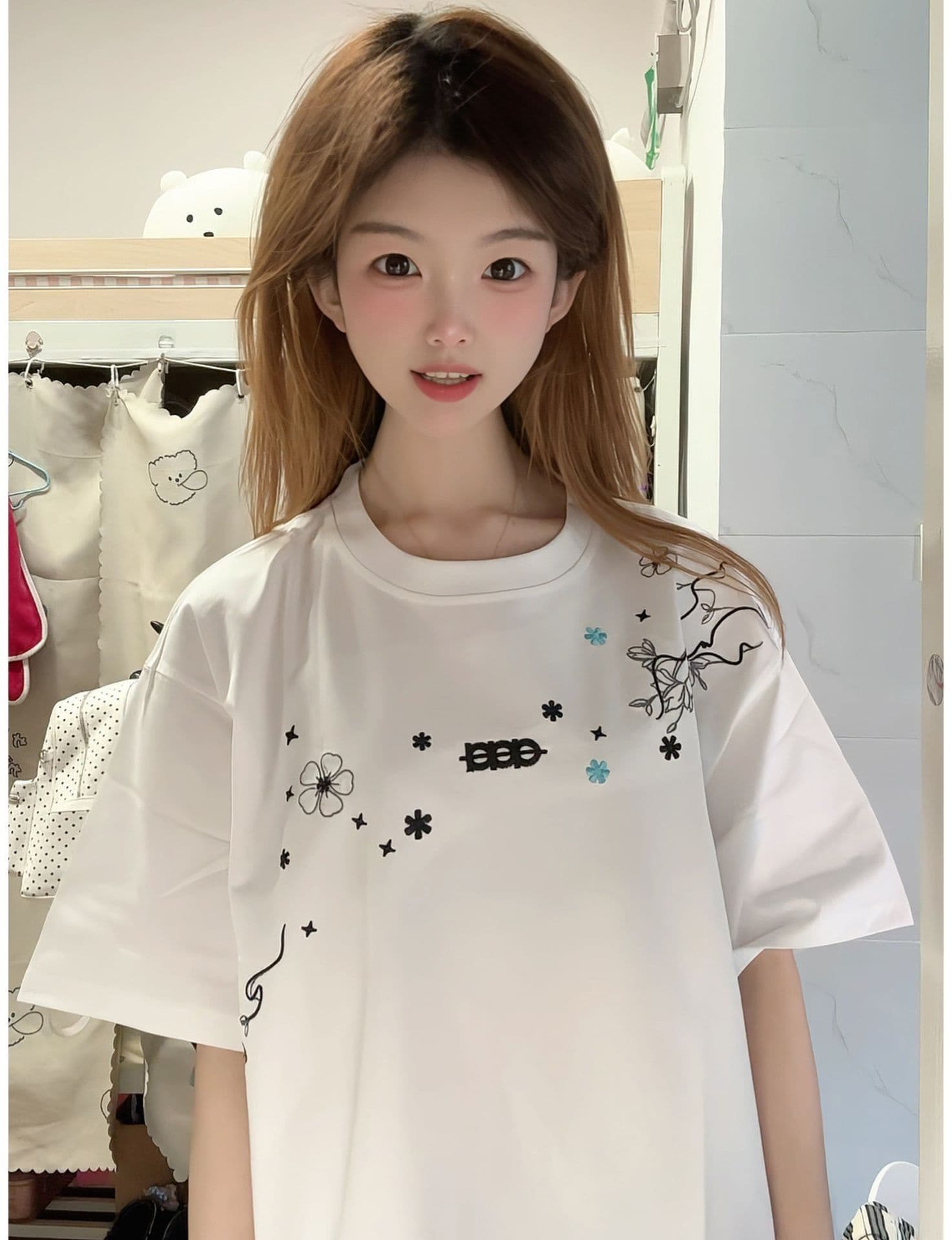 자수 네리 가게 천 순면 220 그램 빗질하다 닫기 반팔 티셔츠 여성
