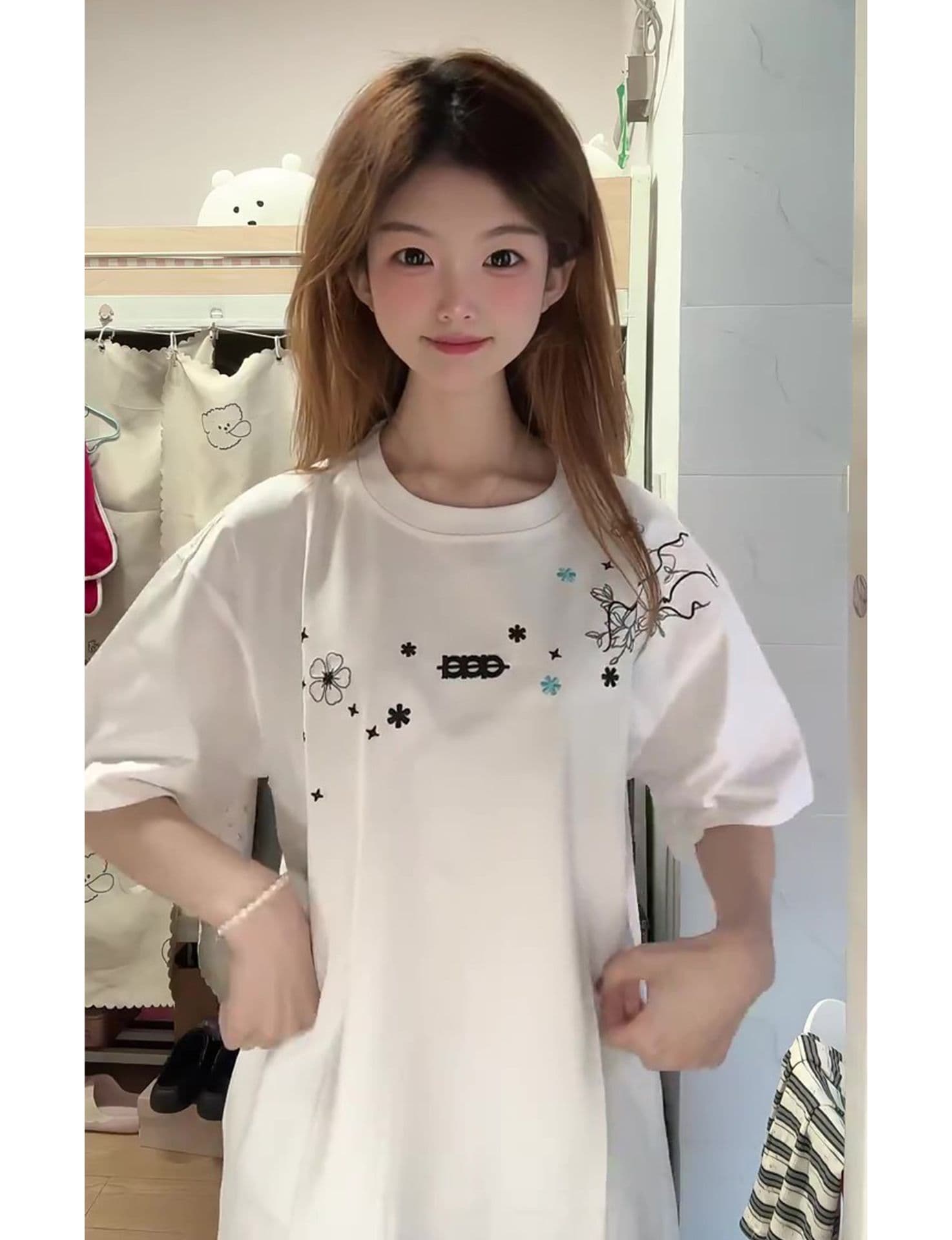 자수 네리 가게 천 순면 220 그램 빗질하다 닫기 반팔 티셔츠 여성 상세 이미지 6