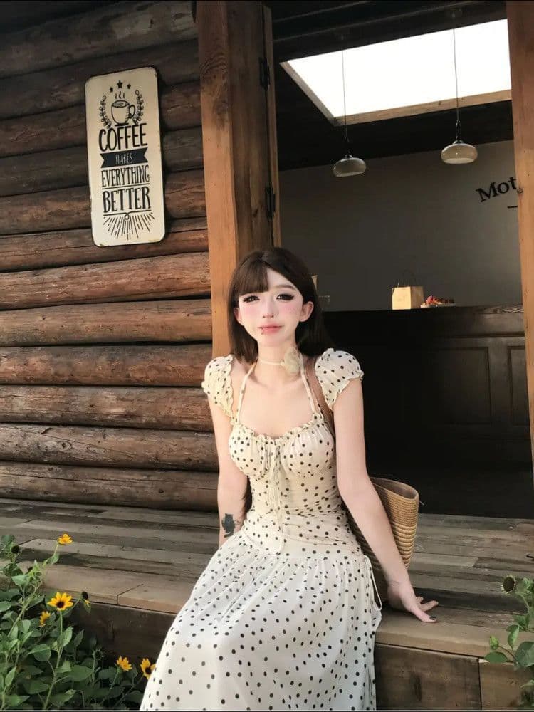 봄 여름 프랑스식 레트로 순수한 욕망 바람 도트 무늬 요정 길다 치마 새로운 품격 휴가 바람 슈퍼 요정 여성 드레스 상세 이미지 6