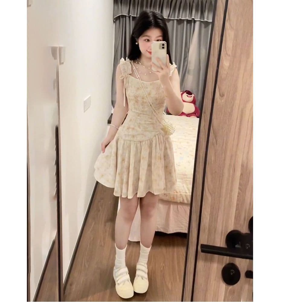 프랑스식 낭만주의 분위기 센스 복숭아 황색 꽃무늬 여성 드레스 봄 여름 작은 키 착용 가져 가라. 차 휴식 슬립 치마 이미지 2