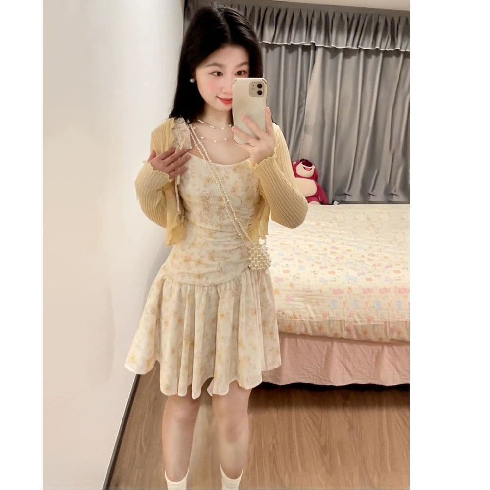 프랑스식 낭만주의 분위기 센스 복숭아 황색 꽃무늬 여성 드레스 봄 여름 작은 키 착용 가져 가라. 차 휴식 슬립 치마