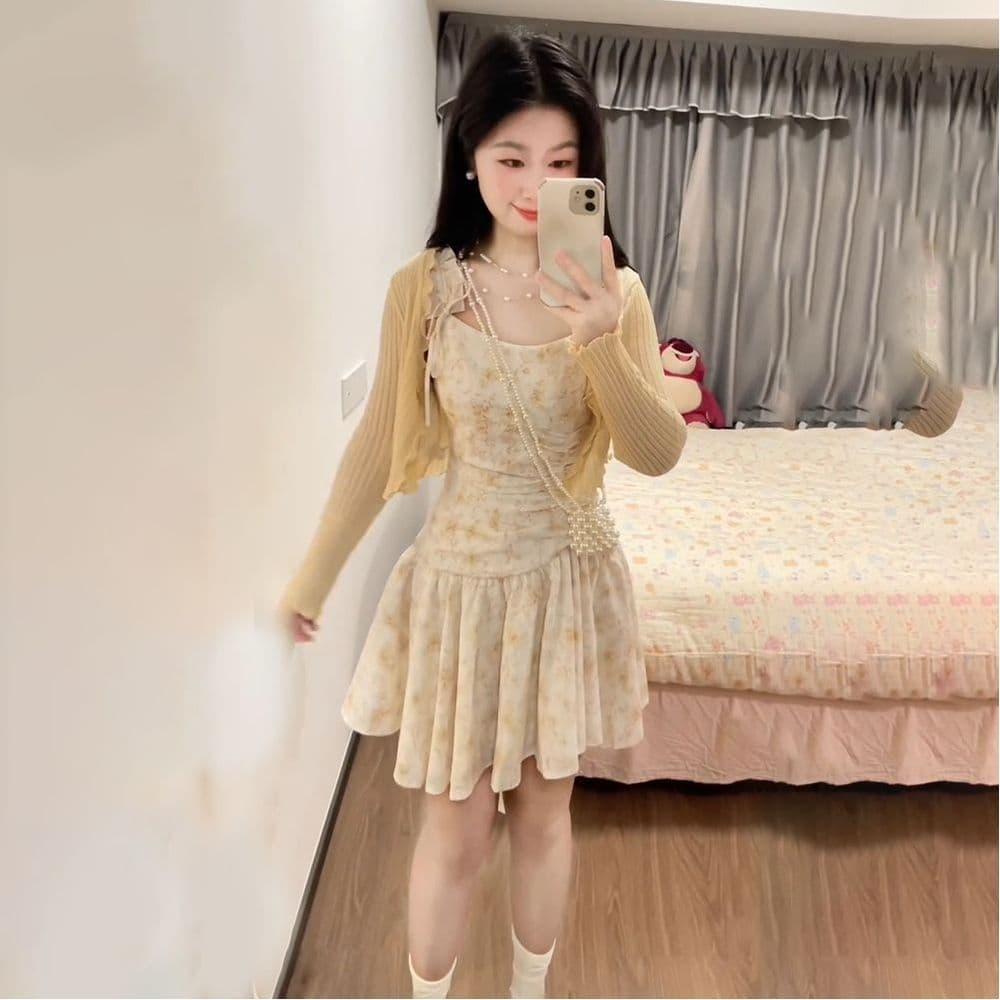 프랑스식 낭만주의 분위기 센스 복숭아 황색 꽃무늬 여성 드레스 봄 여름 작은 키 착용 가져 가라. 차 휴식 슬립 치마 이미지 3