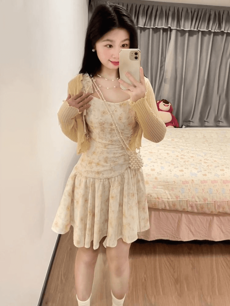 프랑스식 낭만주의 분위기 센스 복숭아 황색 꽃무늬 여성 드레스 봄 여름 작은 키 착용 가져 가라. 차 휴식 슬립 치마 상세 이미지 5