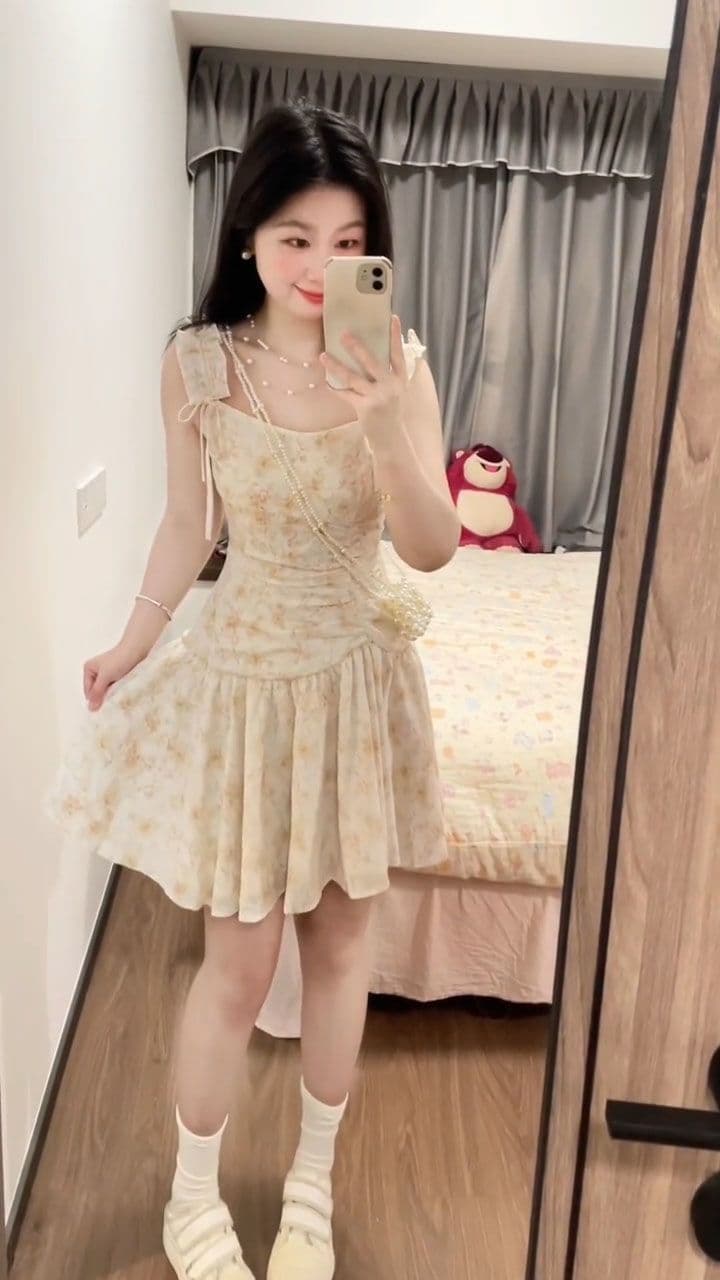 프랑스식 낭만주의 분위기 센스 복숭아 황색 꽃무늬 여성 드레스 봄 여름 작은 키 착용 가져 가라. 차 휴식 슬립 치마 상세 이미지 7