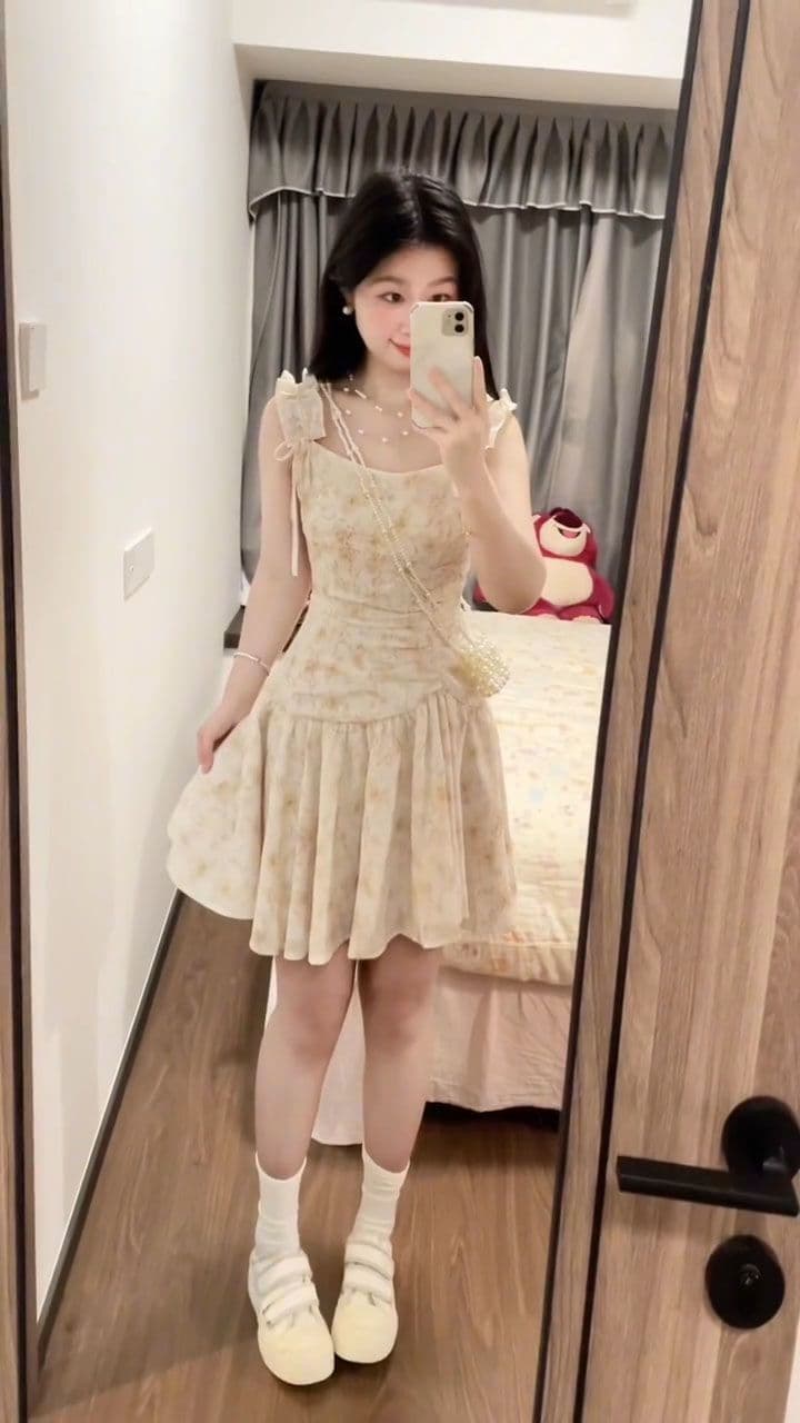 프랑스식 낭만주의 분위기 센스 복숭아 황색 꽃무늬 여성 드레스 봄 여름 작은 키 착용 가져 가라. 차 휴식 슬립 치마 상세 이미지 8