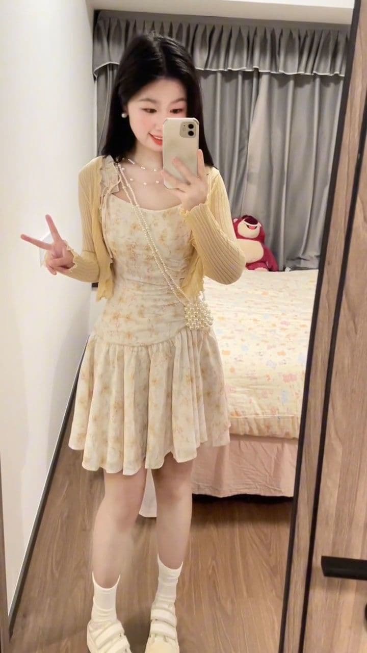 프랑스식 낭만주의 분위기 센스 복숭아 황색 꽃무늬 여성 드레스 봄 여름 작은 키 착용 가져 가라. 차 휴식 슬립 치마 상세 이미지 9