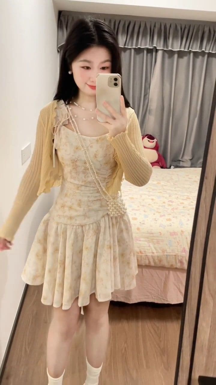 프랑스식 낭만주의 분위기 센스 복숭아 황색 꽃무늬 여성 드레스 봄 여름 작은 키 착용 가져 가라. 차 휴식 슬립 치마 상세 이미지 11