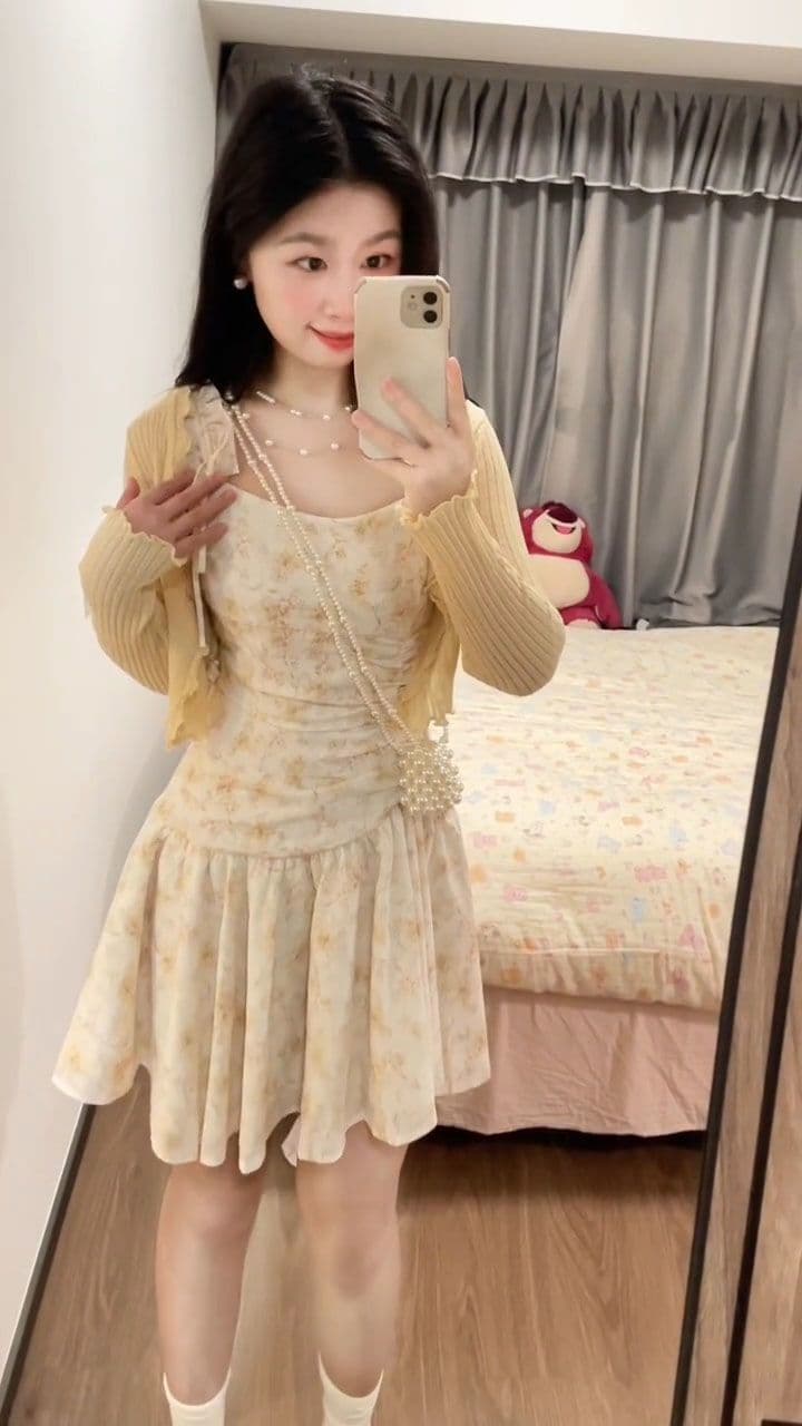프랑스식 낭만주의 분위기 센스 복숭아 황색 꽃무늬 여성 드레스 봄 여름 작은 키 착용 가져 가라. 차 휴식 슬립 치마 상세 이미지 12