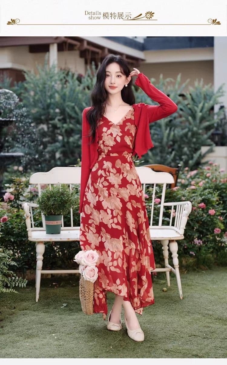 프랑스식 레트로 불규칙 꽃무늬 슬립 여성 드레스 여름 새로운 고급 센스 품격 허리 수축 슬림해 보이는 롱 스커트 상세 이미지 2