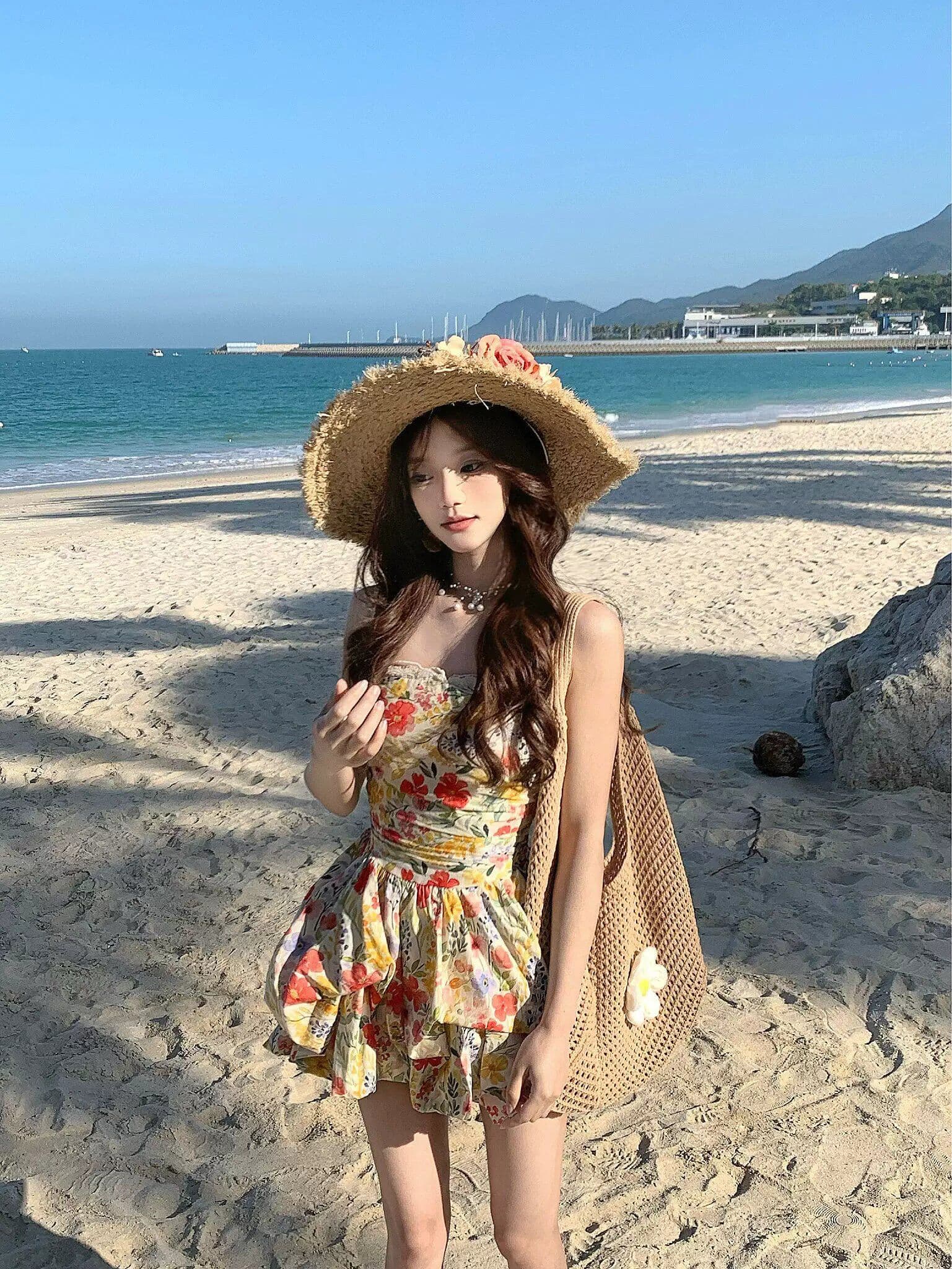 원본 것 있음 네리 프랑스식 달콤함 꽃무늬 슬립 해변가 휴가 레이스 조각 허리 수축 꽃밭 미니 스커트 여성 이미지 3