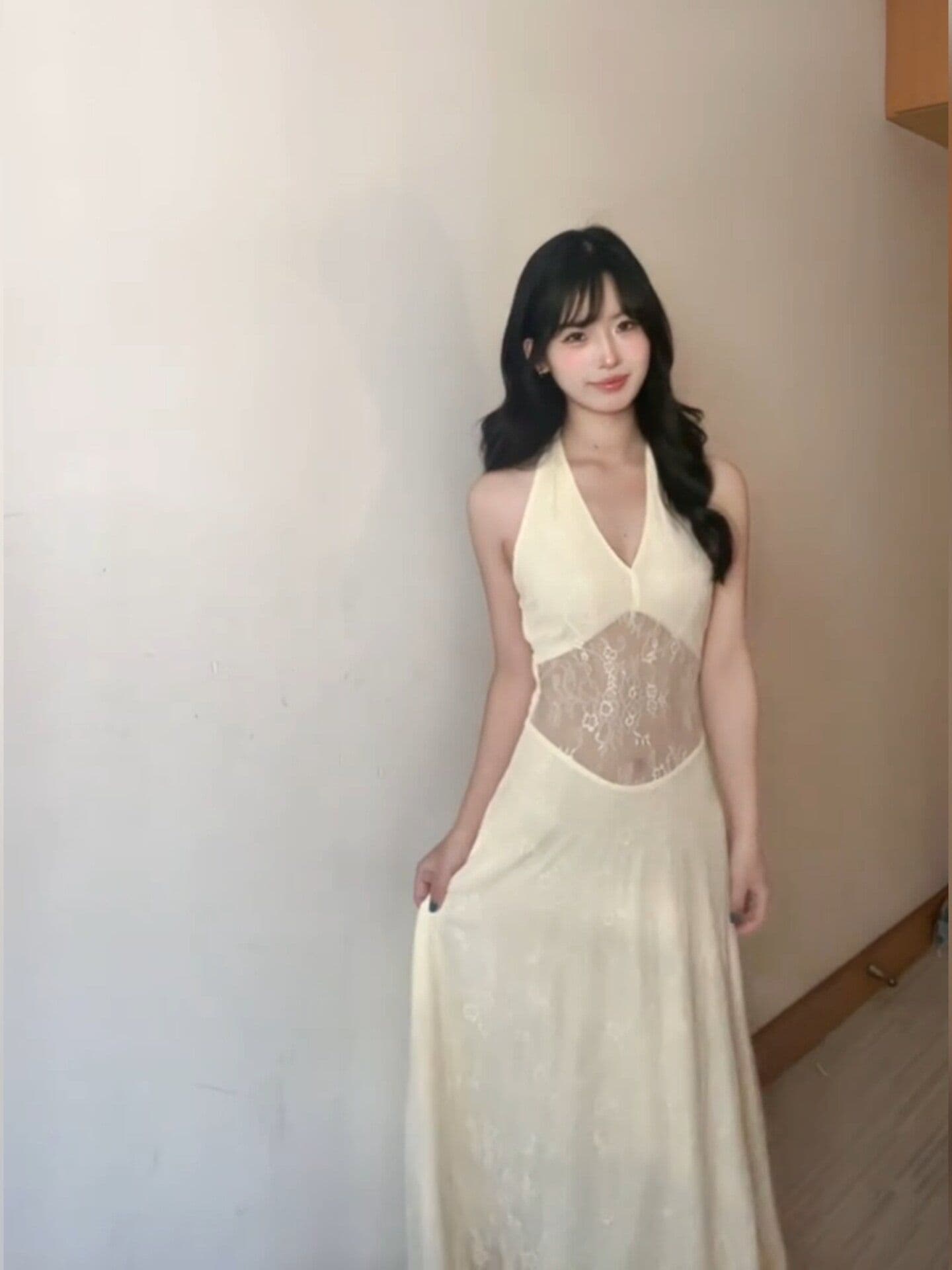프랑스식 망사 자카드 V넥 행침 목 드레스 여성 의류 여름 해변가 휴가 품격 허리 수축 예복 길다 치마 상세 이미지 3