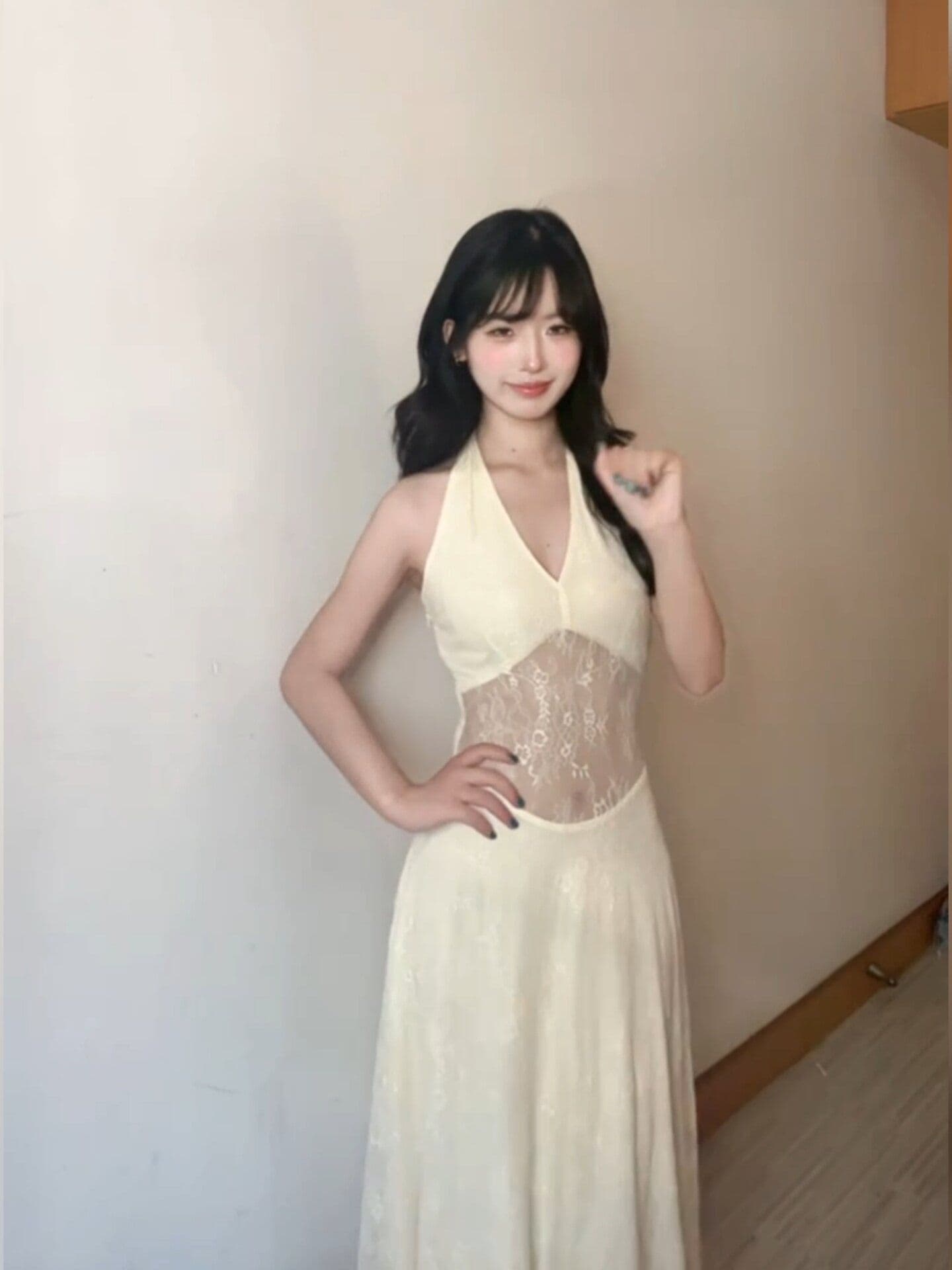 프랑스식 망사 자카드 V넥 행침 목 드레스 여성 의류 여름 해변가 휴가 품격 허리 수축 예복 길다 치마 상세 이미지 4