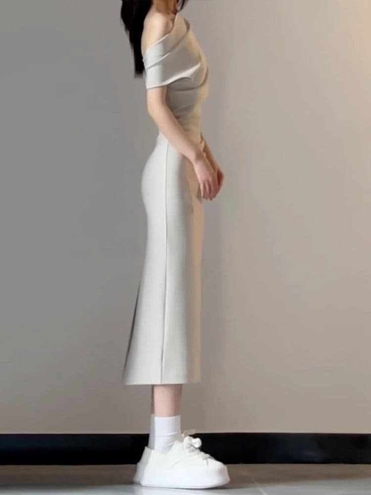 2026 새로운 열린 봄 한 부서 착용 가져 가라. 비스듬한 어깨 흔들다 칼라 드레스 아이들 봄 여름 품격 몸매 가꾸기 타이트 스커트 롱 스커트 이미지 4